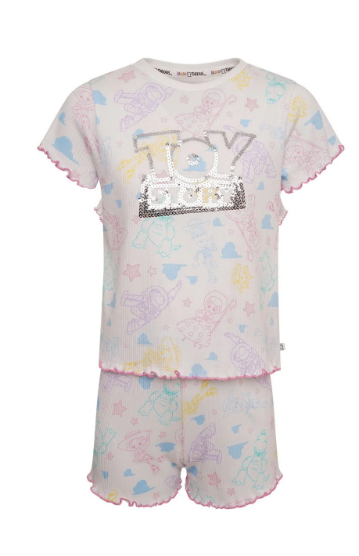 Disney Toy Story Girls Pyjamas Kids Sequin White Pink Short PJs Ribbed Set