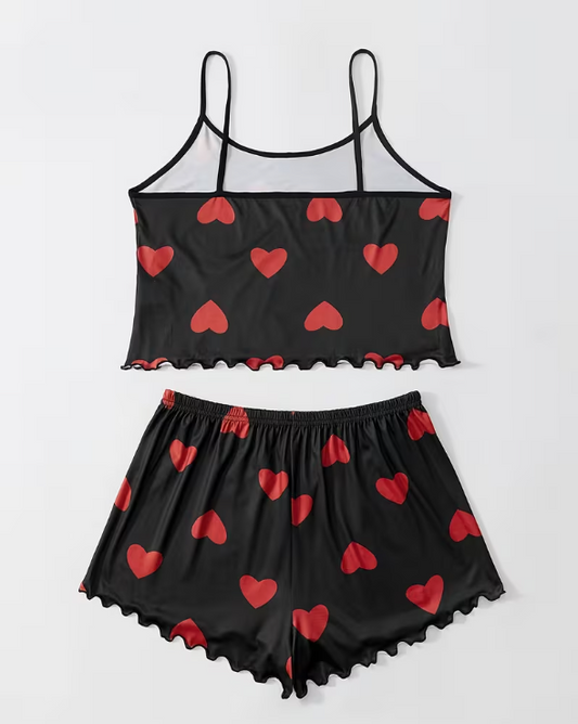 Love Heart Print Cami & Shorts Pyjama Set – Cute Summer Nightwear
