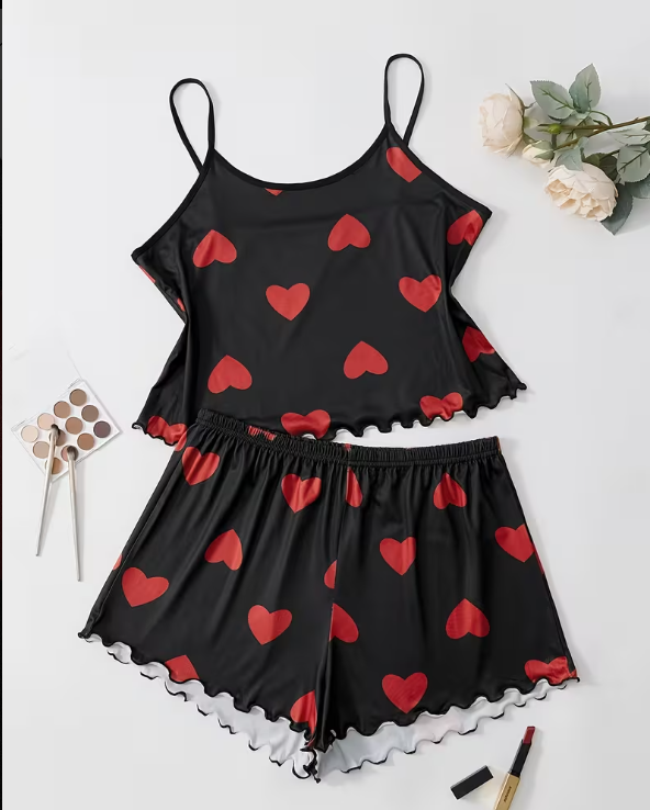 Love Heart Print Cami & Shorts Pyjama Set – Cute Summer Nightwear
