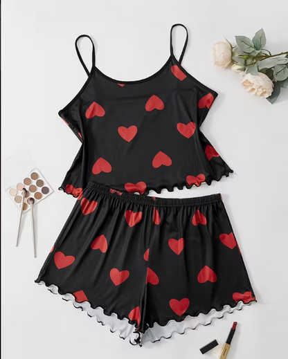 Love Heart Print Cami & Shorts Pyjama Set – Cute Summer Nightwear