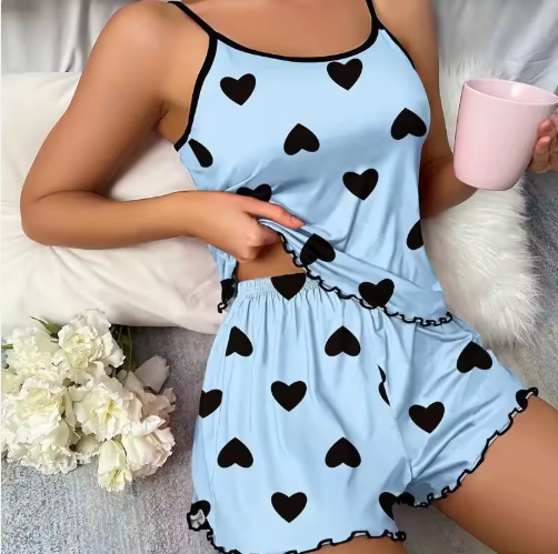 Love Heart Print Cami & Shorts Pyjama Set – Cute Summer Nightwear