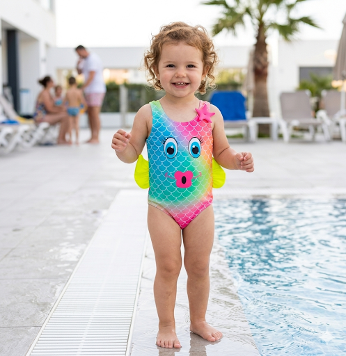 Girls Novelty Swimsuit – Bright Red Melon & Fish Print | UK Stock
