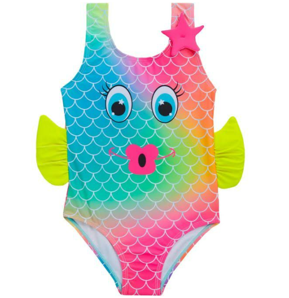 Girls Novelty Swimsuit – Bright Red Melon & Fish Print | UK Stock