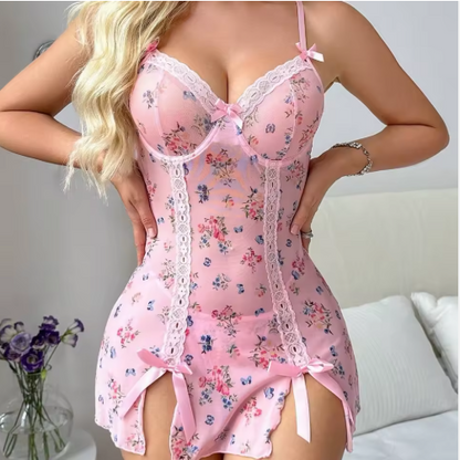 Women's Lace Sheer Babydoll Lingerie Set – Sexy Nightwear Sleepwear | White & Baby Pink