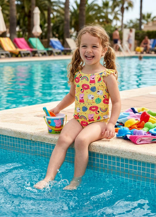 Official Peppa Pig Girls Swimsuit Kids Yellow Suzy Sheep Ruffle Swimming Costume