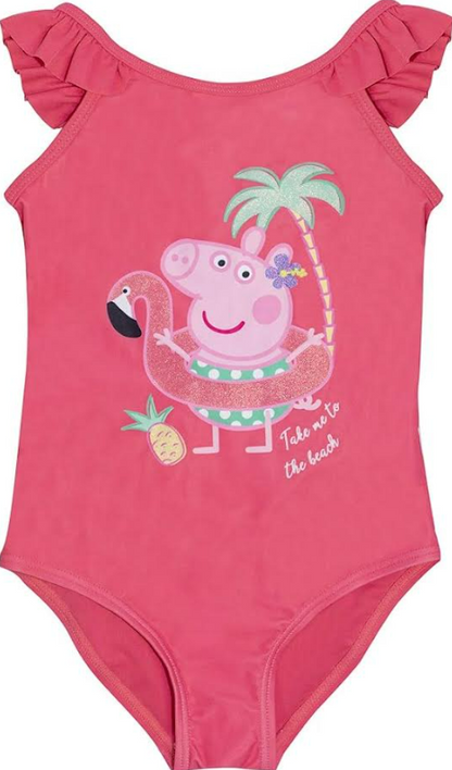 Official Peppa Pig Girls Swimsuit Pink Flamingo Ruffle Island Swimming Costume