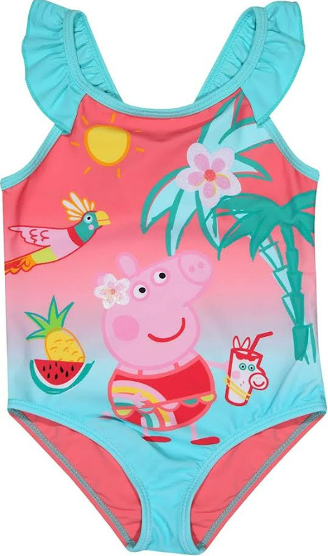 Official Peppa Pig Girls Swimsuit Kids Pink Teal Tropical Ruffle Swimming Costume