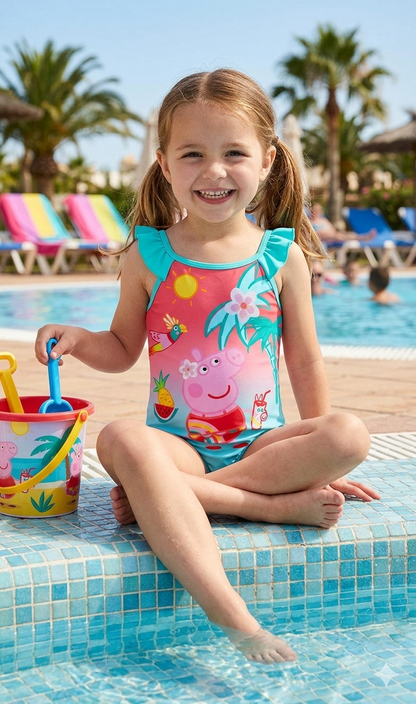 Official Peppa Pig Girls Swimsuit Kids Pink Teal Tropical Ruffle Swimming Costume