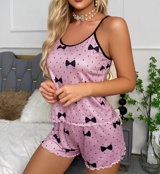Pink with Black Bows Cami & Shorts Pyjama Set – Cute Summer Nightwear
