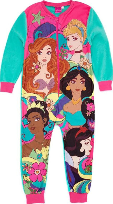 Girls Disney Princess One Piece Pyjamas Kids Fleece Sleepsuit Nightwear PJs