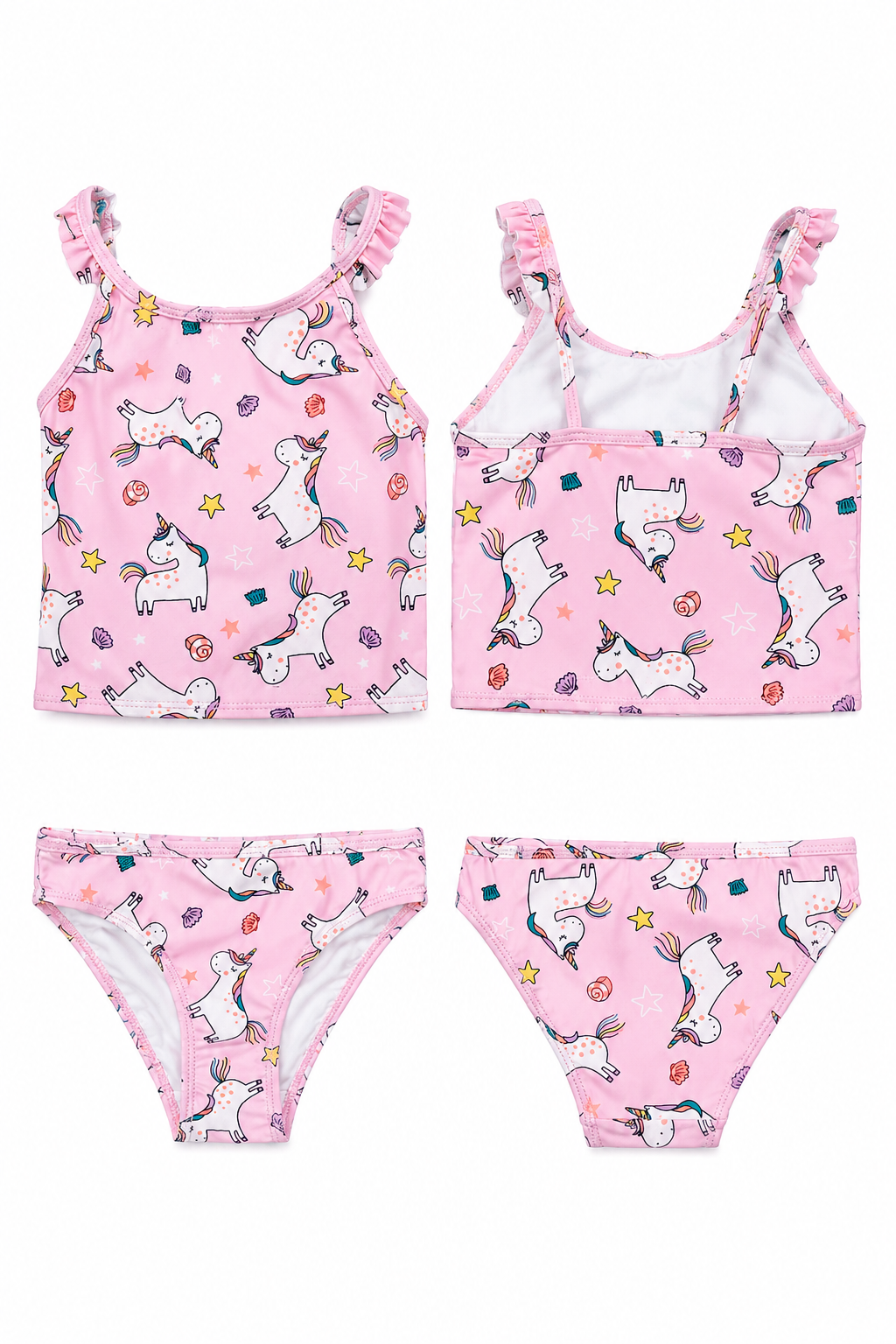 Girls Unicorn Tankini Set – Kids Pink Ruffle Bikini Swimsuit Swimming Costume
