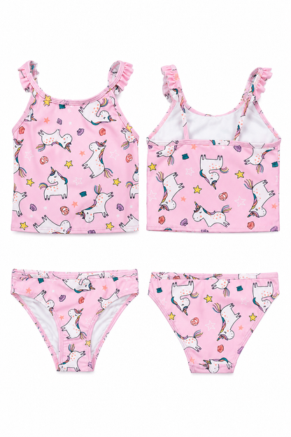Girls Unicorn Tankini Set – Kids Pink Ruffle Bikini Swimsuit Swimming Costume