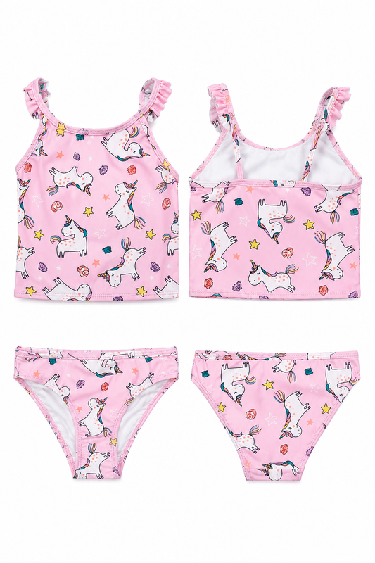 Girls Unicorn Tankini Set – Kids Pink Ruffle Bikini Swimsuit Swimming Costume